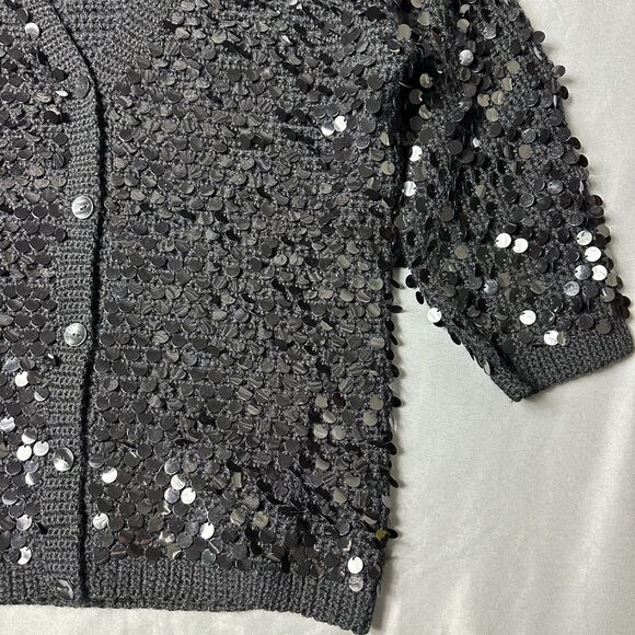 Vintage Windsor Sweater Women Medium Black Wool Cardigan Hand Decorated Sequin - Picture 8 of 9